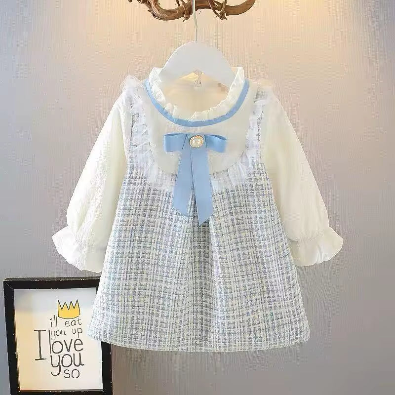 Girls Long Sleeve Skirt Cute Loose Dress Outer Wear Spring New Korean Style Clothing Kids Casual Fashion round Neck Bow Skirt